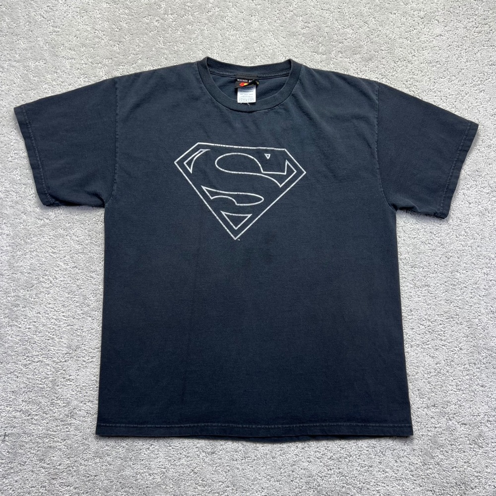 2006 Warner Bros Superman T-Shirt‎ Size L Black Faded Shield Logo Graphic Movie